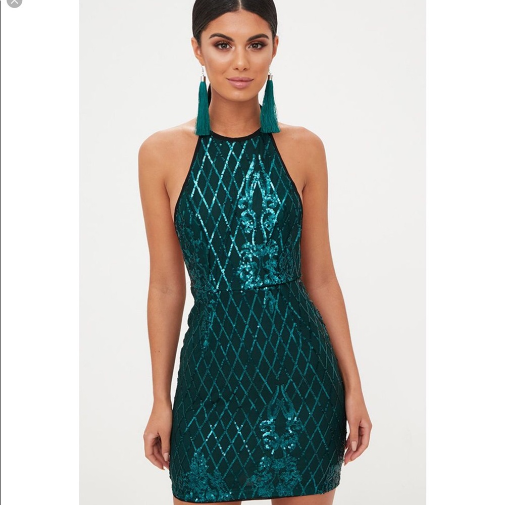 EMERALD GREEN SEQUIN FRONT BODYCON DRESS
